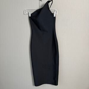 Bella Barnett sz S black asymetrical‎ shoulder strap fitted midi dress NWOT